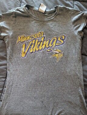 NFL APPAREL Womens Minnesota Vikings Gray T-Shirt with Purple and Gold Logo